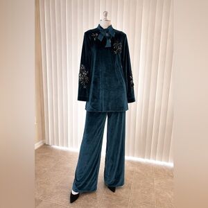 Limelight Teal Velvet Long Sleeve Two-Piece Set with Embroidered Accents